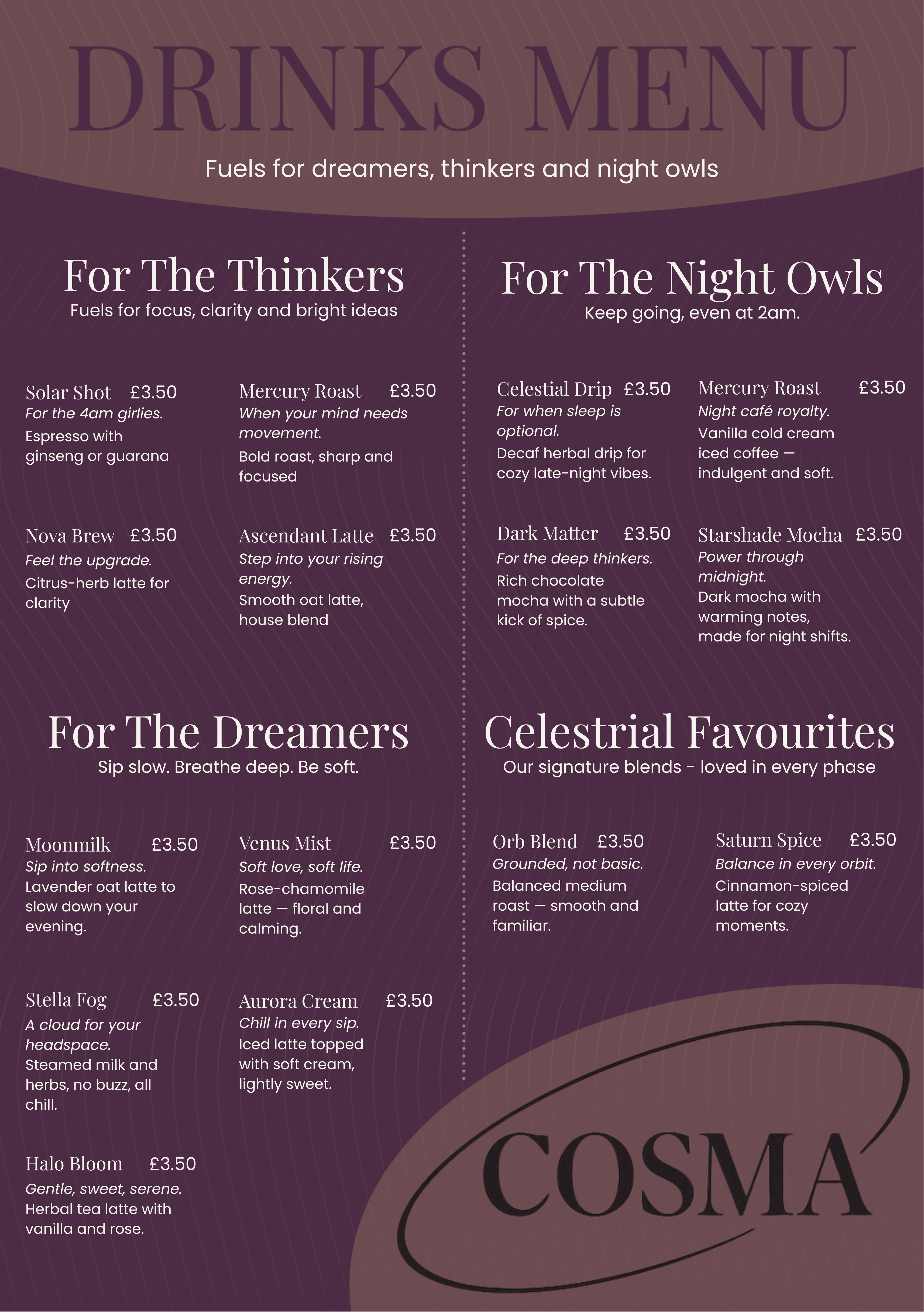 COSMA drinks menu